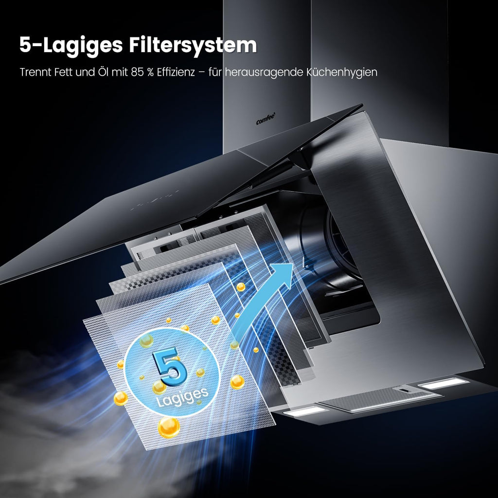 90 cm Dunstabzugshaube, 867m³/h Luftstrom, Kopffrei, Umluft & Abluft, Touchscreen, Gestensteuerung, 4 Geschwindigkeiten, 68dB, LED, ANGJ72B-90PRO-EU