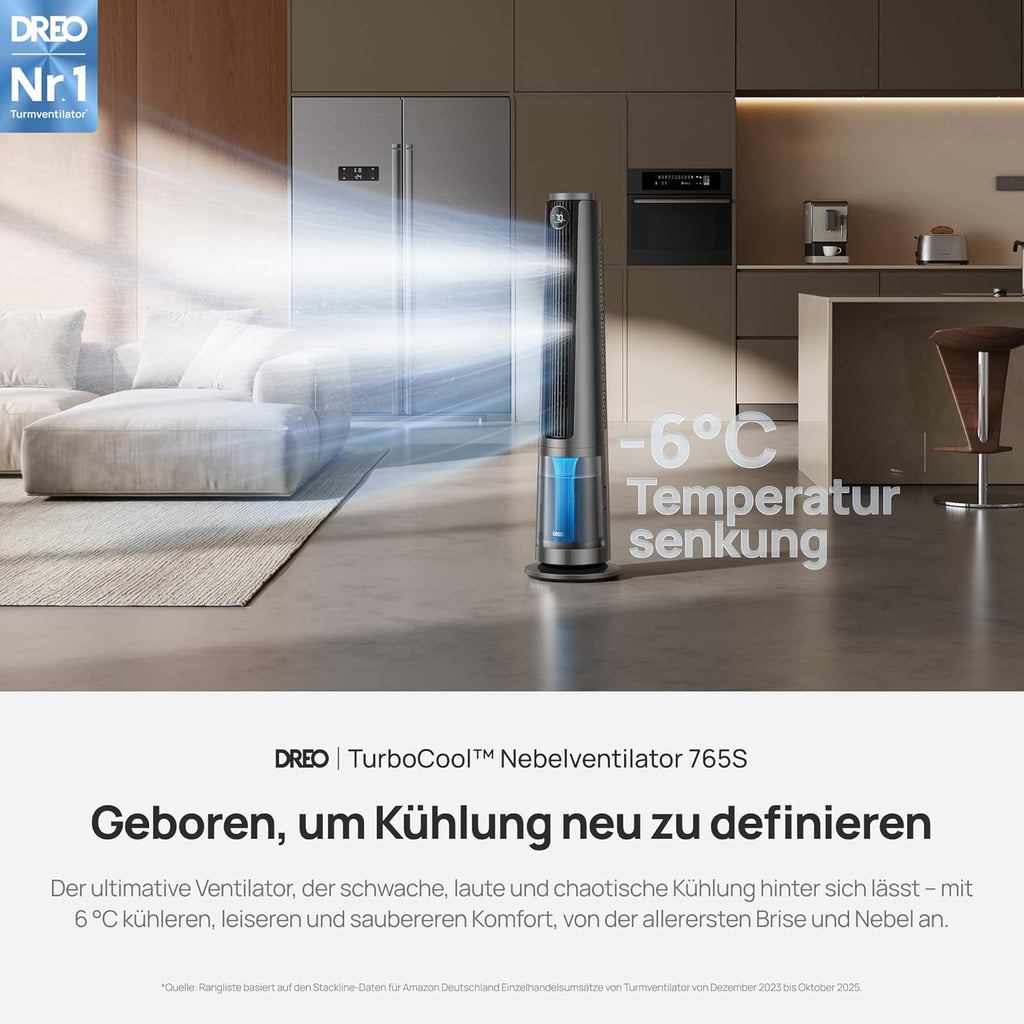 TurboCool Nebelventilator 765S, 3-in-1 Turm, Ultraschall, WLAN+App, 6L Tank, 10.4 m/s, 20 dB DC-Motor, 90° Osz., 12 Stufen, 4 Modi
