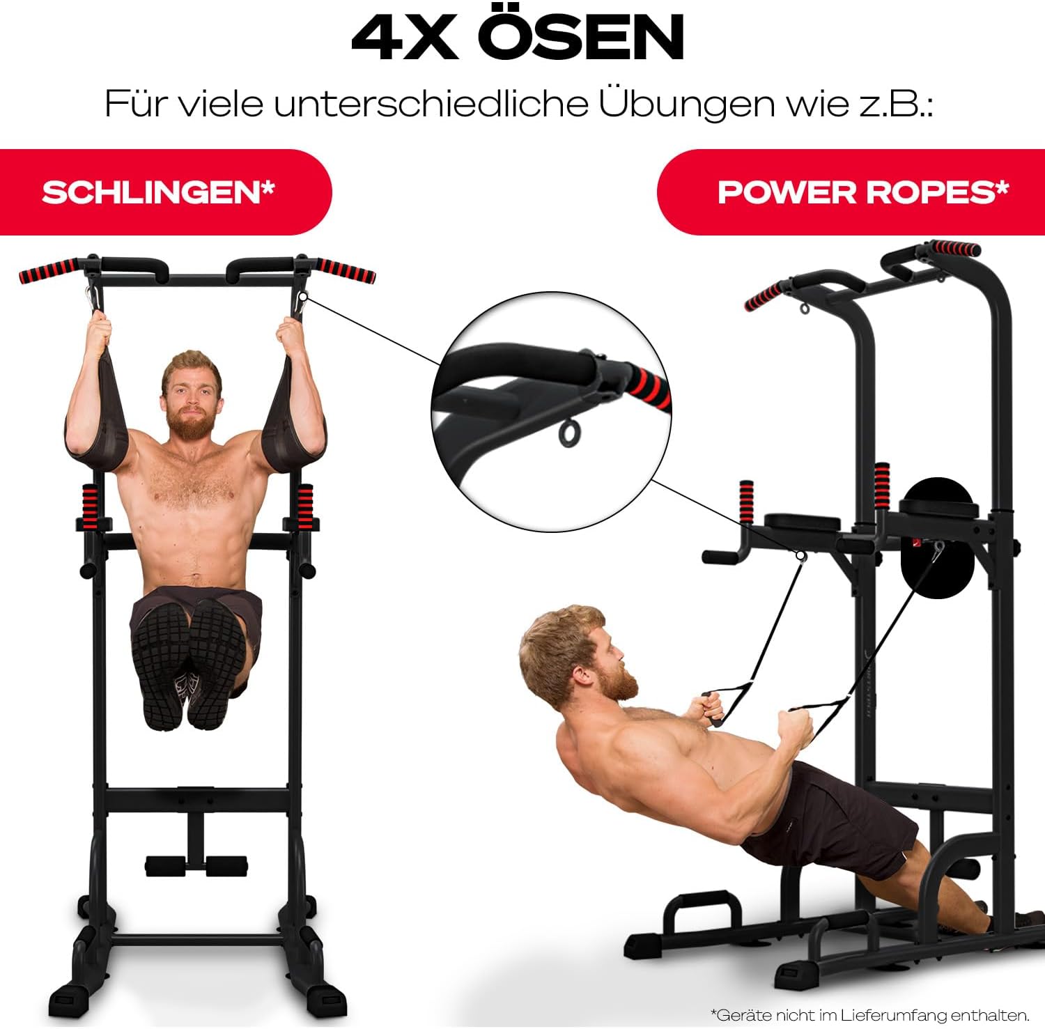 Power Tower + Dip Station für Zuhause, Klimmzugstange, Liegestützgriffe, 4 TRX-Ösen, höhenverstellb. Dip Barren, Calisthenics-Kraftstation