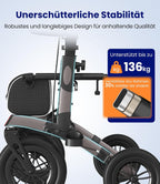 Rollator Faltbar Leicht mit Sitz, Outdoor Rollator mit Gummi-Nonluftbereifung für Alle Gelände, Aluminium Höhenverstellbar, Grau