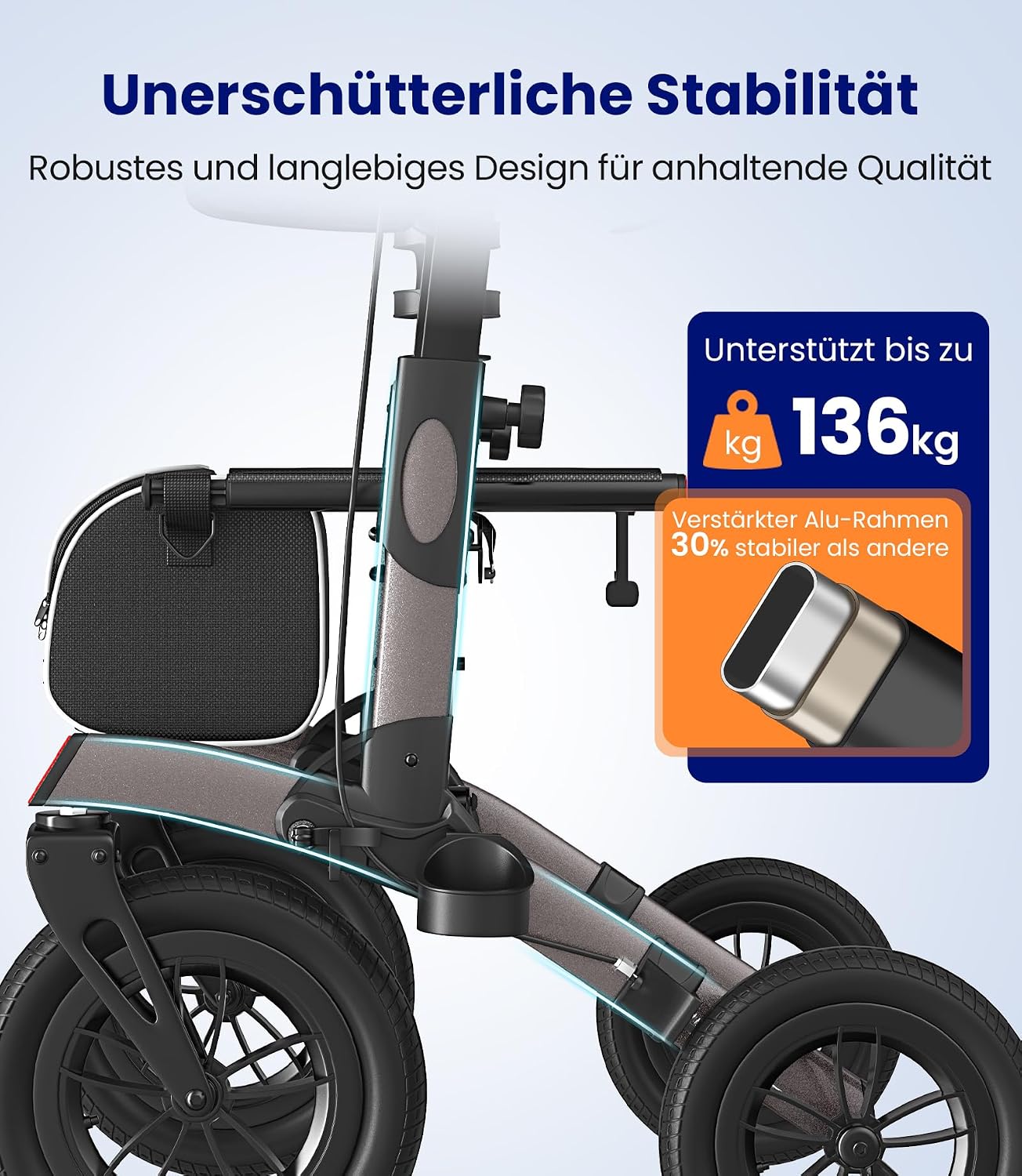 Rollator Faltbar Leicht mit Sitz, Outdoor Rollator mit Gummi-Nonluftbereifung für Alle Gelände, Aluminium Höhenverstellbar, Grau