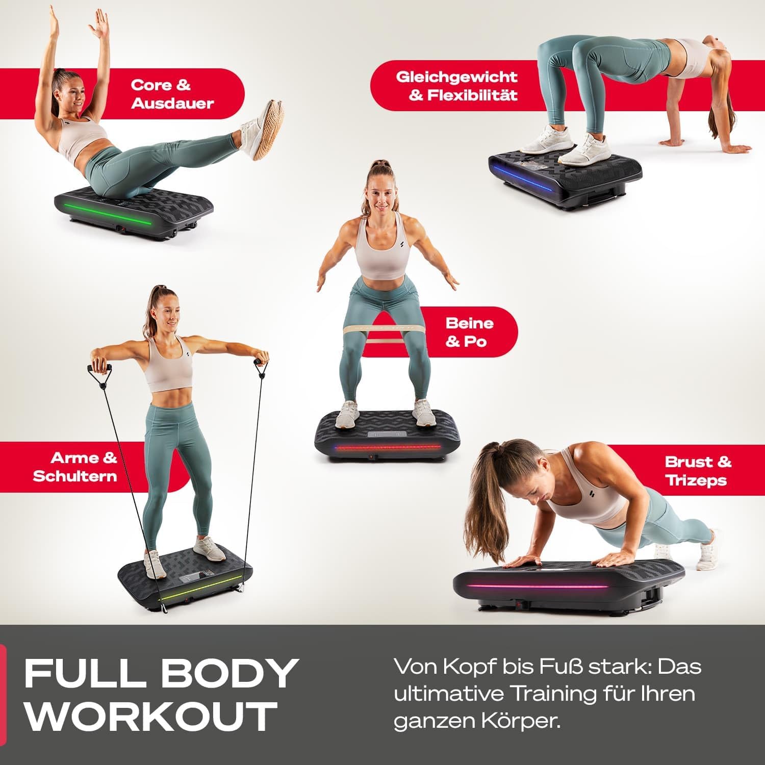 4D Vibrationsplatte, VP400 + sVibe, Smart LED, Bänder + Ropes, Abnehmen, Ganzkörper, Muskelaufbau, 120 kg, Fitness