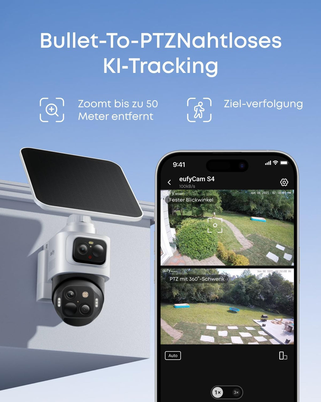 S4 kabellose Solar-Outdoor-Kamera, 4K UHD, 3-Linsen-PTZ, 360° Auto-Tracking, 8x Hybridzoom, Farbnachtsicht, kompatibel mit HomeBase S380