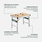 Multifunktionstisch MWB 100: Klappwerkbank, Transportgriffe, höhenverstellbare Beine, Nivellierfuß, mit Zwingen, Bankhaken, Eckverbinder, max. 120 kg