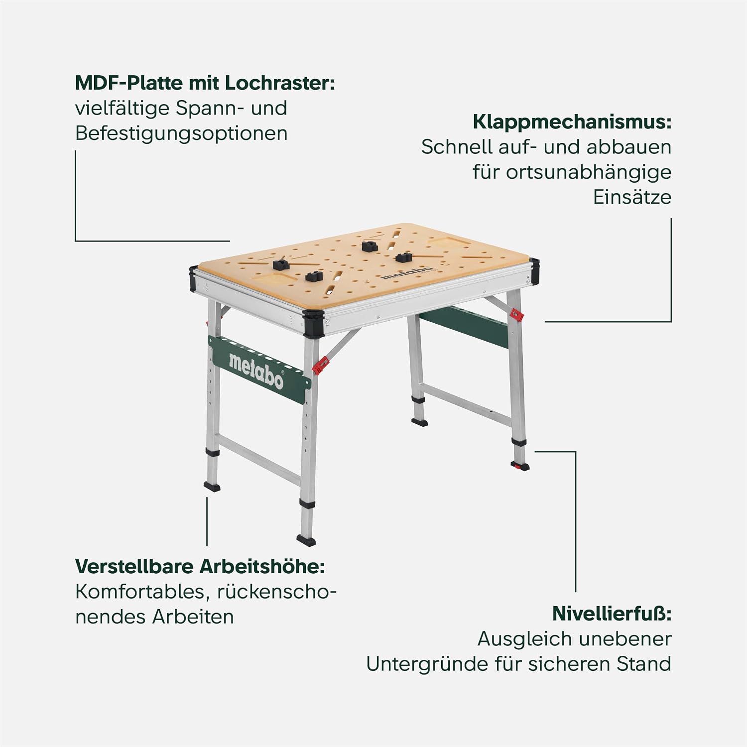 Multifunktionstisch MWB 100: Klappwerkbank, Transportgriffe, höhenverstellbare Beine, Nivellierfuß, mit Zwingen, Bankhaken, Eckverbinder, max. 120 kg