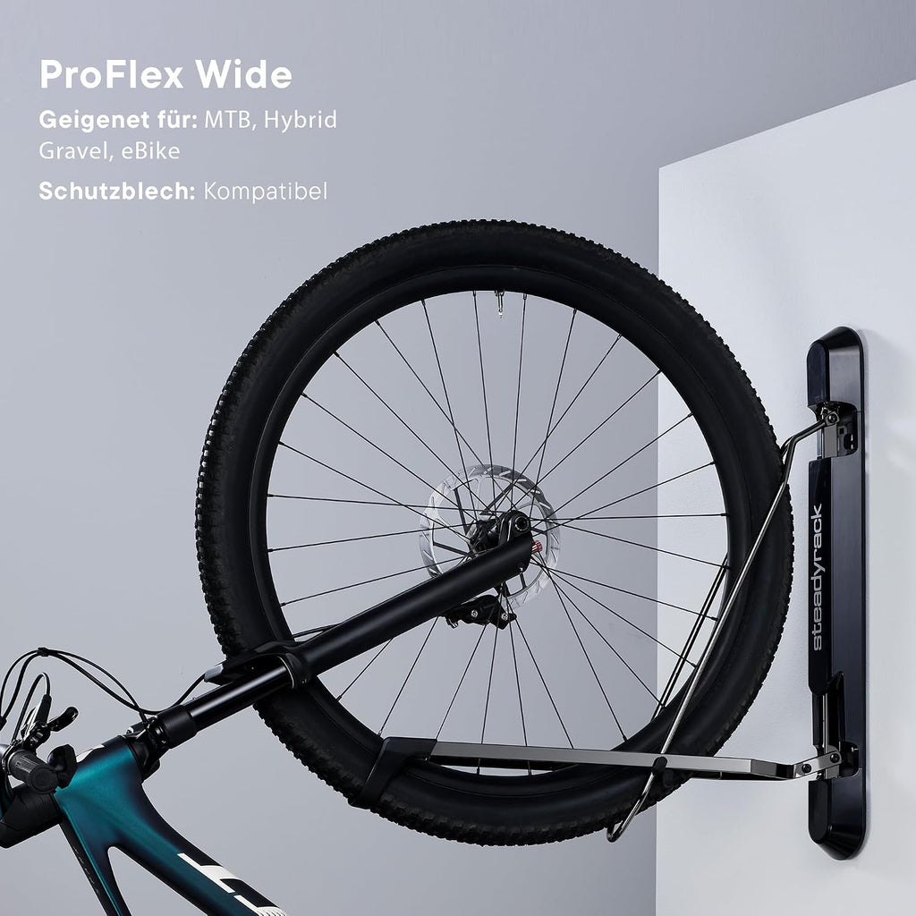 ProFlex Wide Fahrrad-Wandhalterung - Vertikal Klappbar für E-Bikes, MTB, Gravelbikes - Platzsparende Aufbewahrung - 2er Pack