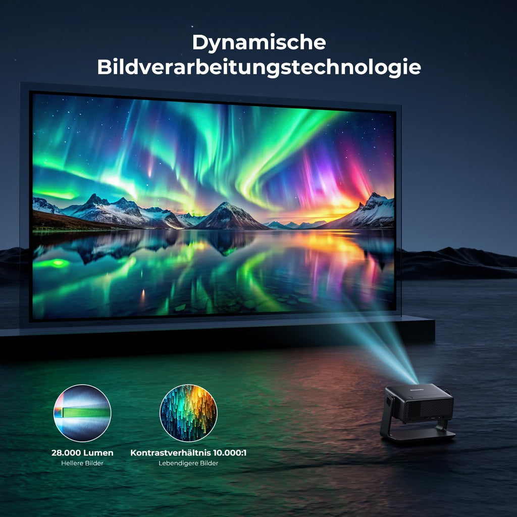 Mini Beamer 4K Native 1080P, 28000 Lumen, WLAN 6, Bluetooth, Elektrischer Fokus, 4D Keystone, Kompatibel mit Netflix, Heimkino & Outdoor