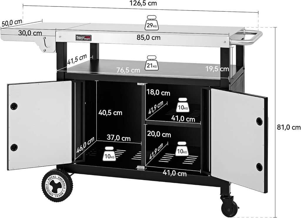 Grillwagen mit klappbarem Seitentisch, Handtuchgriff, Unterschrank, Edelstahl Tischplatte, Rollen, Silber