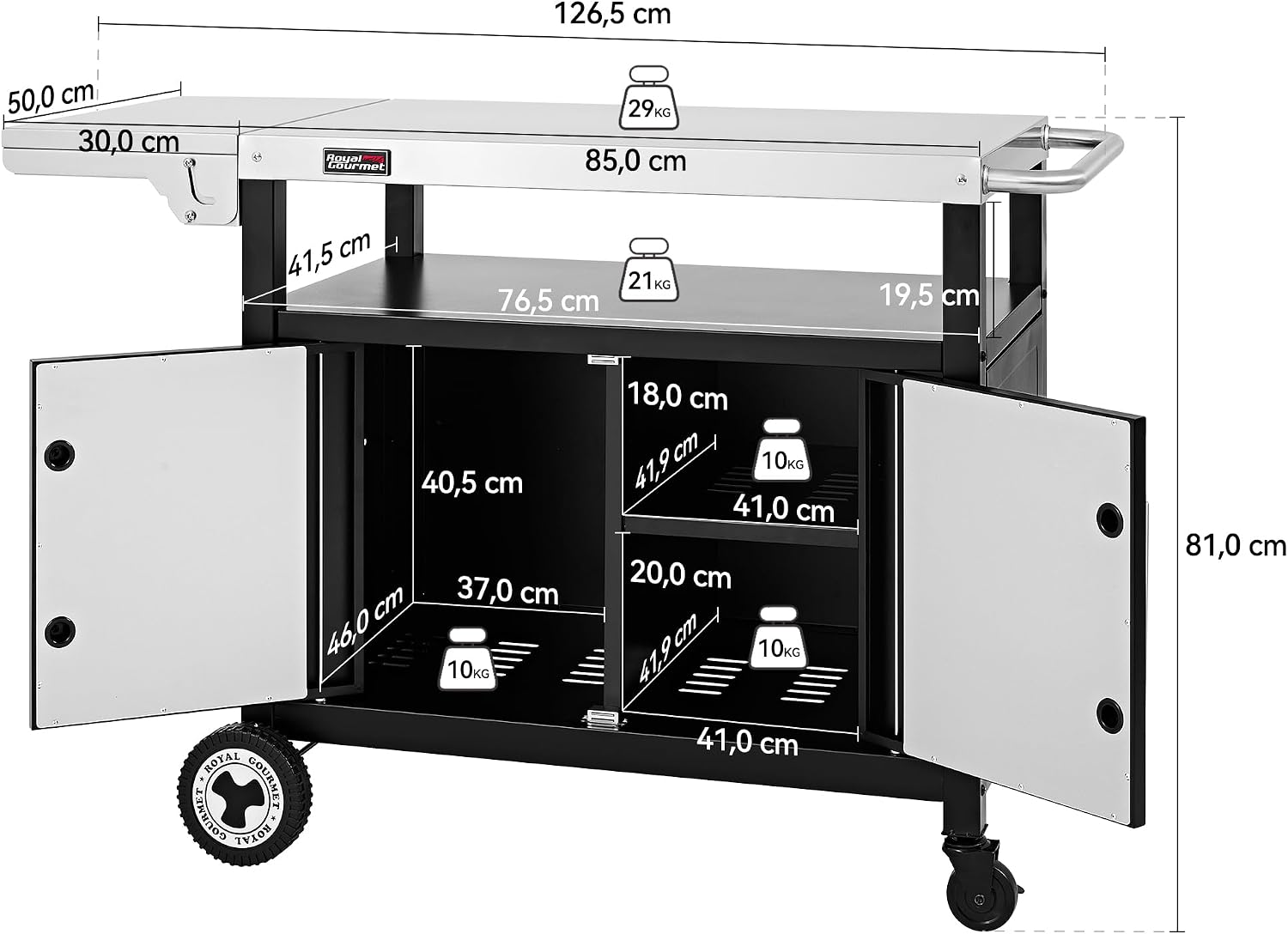 Grillwagen mit klappbarem Seitentisch, Handtuchgriff, Unterschrank, Edelstahl Tischplatte, Rollen, Silber