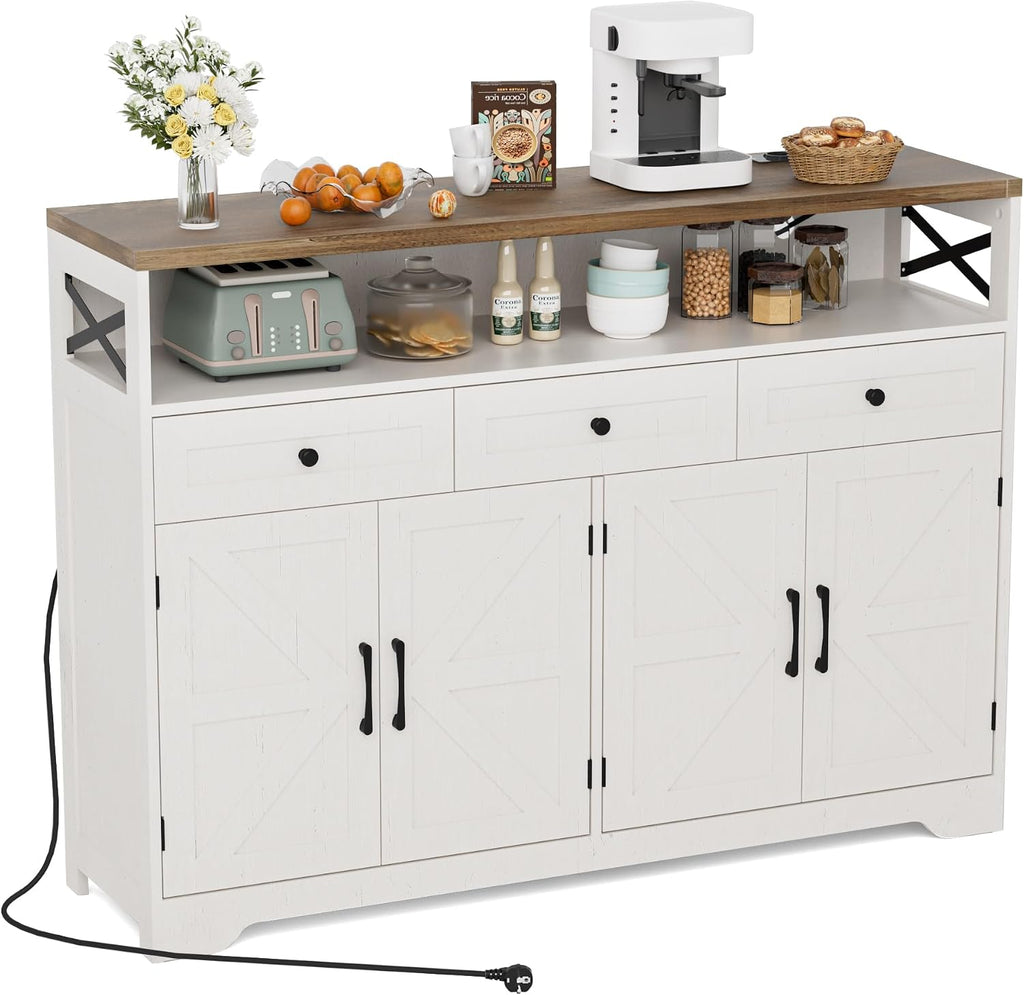 Sideboard mit Schubladen und offenem Regal, Küchenschrank, Anrichte, Kaffeebar Schrank, 130x35x95cm, Cremeweiß in Holzoptik