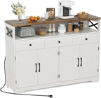 Sideboard mit Schubladen und offenem Regal, Küchenschrank, Anrichte, Kaffeebar Schrank, 130x35x95cm, Cremeweiß in Holzoptik