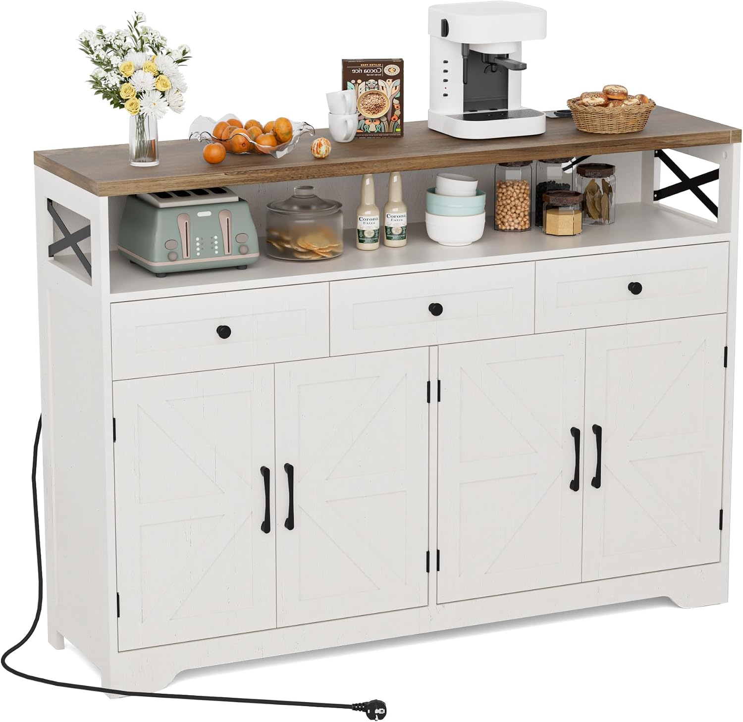 Sideboard mit Schubladen und offenem Regal, Küchenschrank, Anrichte, Kaffeebar Schrank, 130x35x95cm, Cremeweiß in Holzoptik