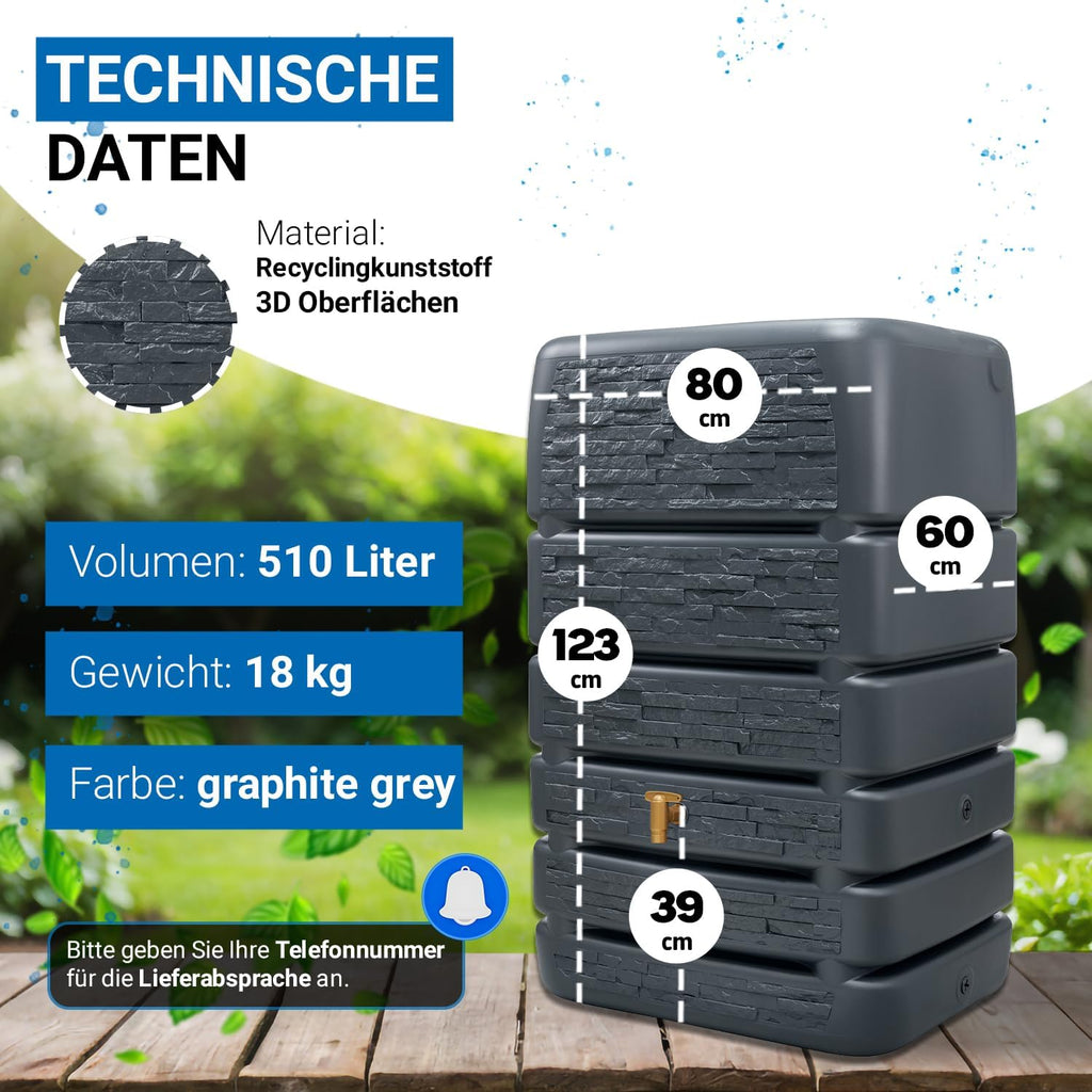 Slim Stone Decor Regentonne Mauertank 510L, Graphite Grey, Steinoptik, für Außenbereich, Gartenbewässerung