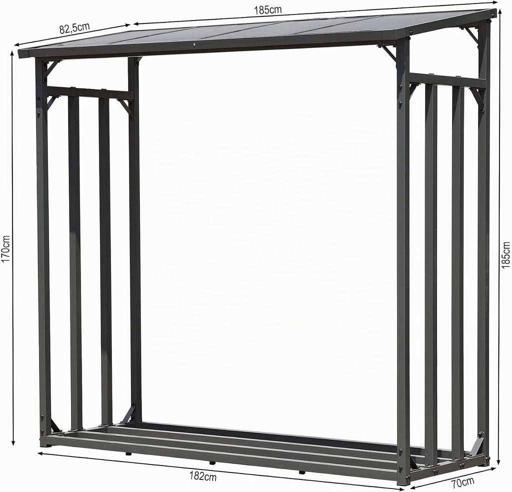 Metall Kaminholzregal 185x70x185 cm, 40 mm Stahlprofil, Anthrazit, Wetterfest, Kapazität 2,3 m³ (3,5 SRM), XXL Garten Kaminholzunterstand Stapelhilfe