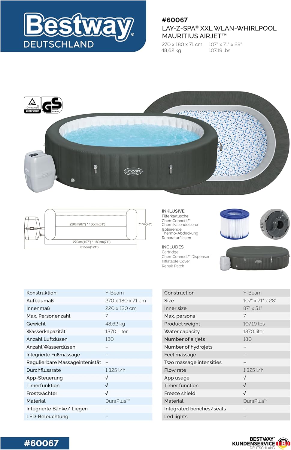 Lay-Z-Spa Mauritius XXL-Whirlpool für 7 Personen, 270x180x71 cm, 180 AirJet-Düsen, Heizung bis 40°C, App-Steuerung, Holz-Optik Basaltgrau, 1.370 L