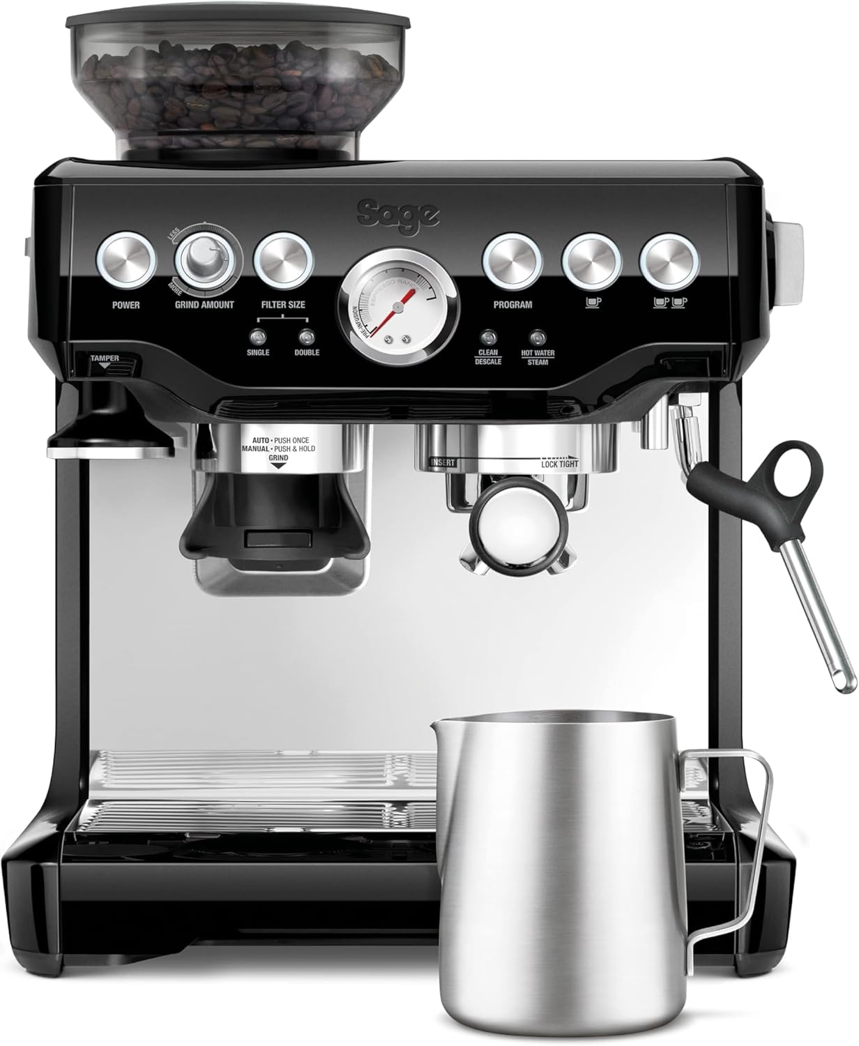 Barista Express Kaffeemaschine, Milchaufschumer + Mahlwerk, automat. Mahlen, Milchschaum, schwarz, inkl. Kännchen