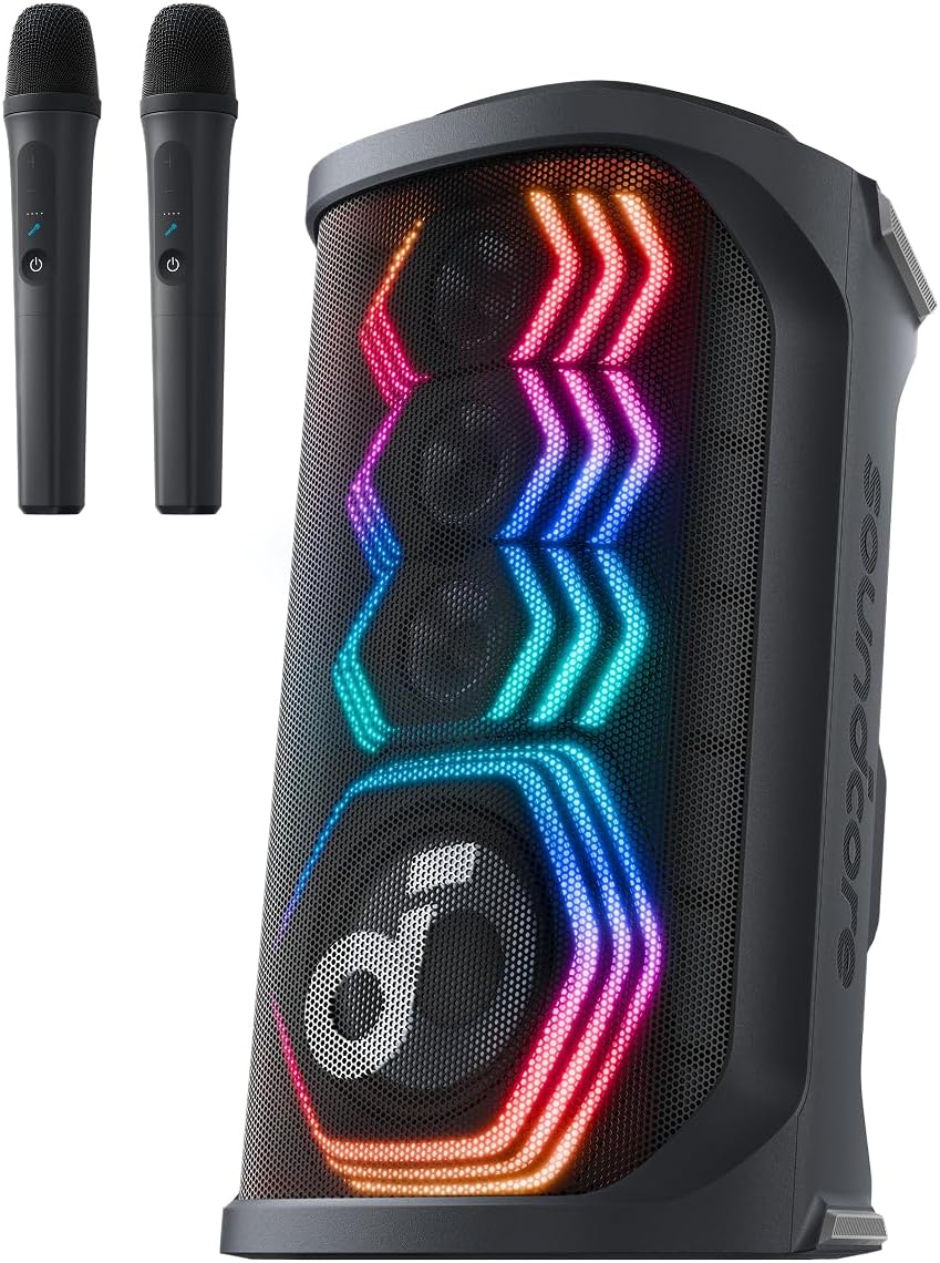 Rave 3S Partybox, KI-Karaoke, 2 kabellose Mikros, 200W, KI-Gesangsentfernung, Lichtshow, Auracast, 12h, Bluetooth-Lautsprecher für innen/außen