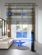 Leiser intelligenter Turmventilator, 12 Geschwindigkeiten bis zu 8 m/s, 5 Modi, 24-Stunden-Timer, 150° Oszillation, APP- und Sprachsteuerung, schwarz