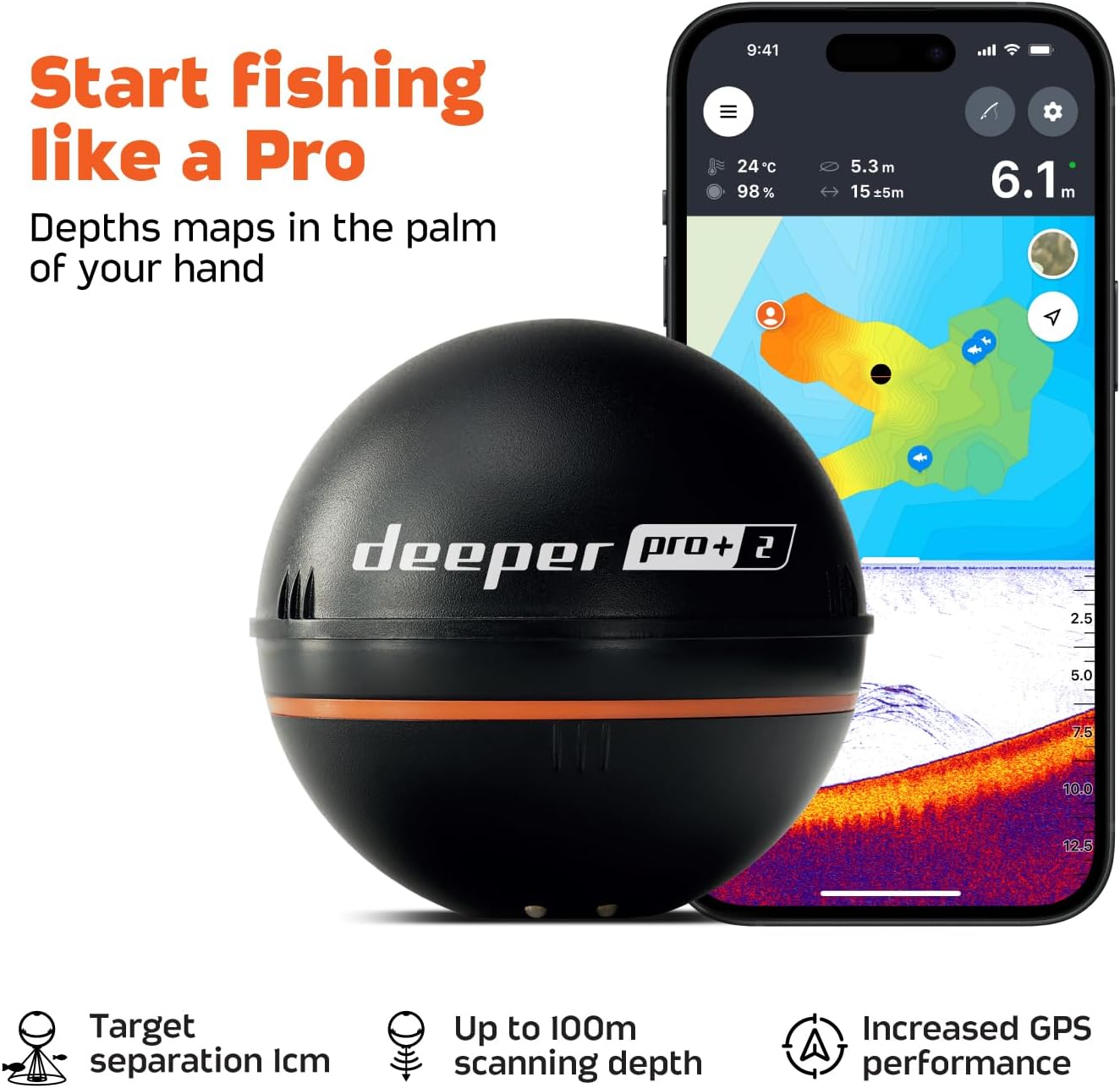 Smart Sonar Pro+ 2 Fischfinder Echolot – mit Tiefenmesser und GPS-Sender | für Kajak, Boot oder Eisangeln