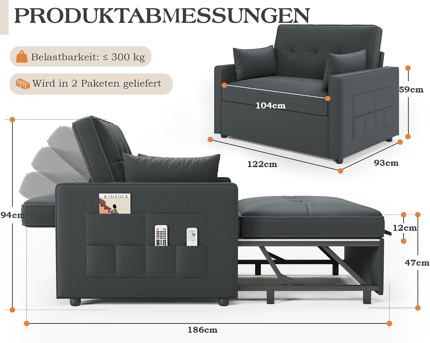 Schlafsofa 186x122cm mit 5-stufig verstellbarer Rückenlehne, 3-in-1 Schlafcouch mit Kissen & Seitentasche, graues Leinen für Gästezimmer & kleine Räume