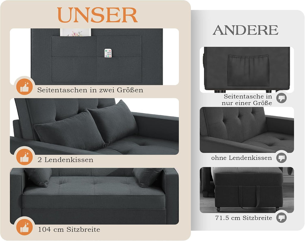 Schlafsofa 186x122cm mit 5-stufig verstellbarer Rückenlehne, 3-in-1 Schlafcouch mit Kissen & Seitentasche, graues Leinen für Gästezimmer & kleine Räume