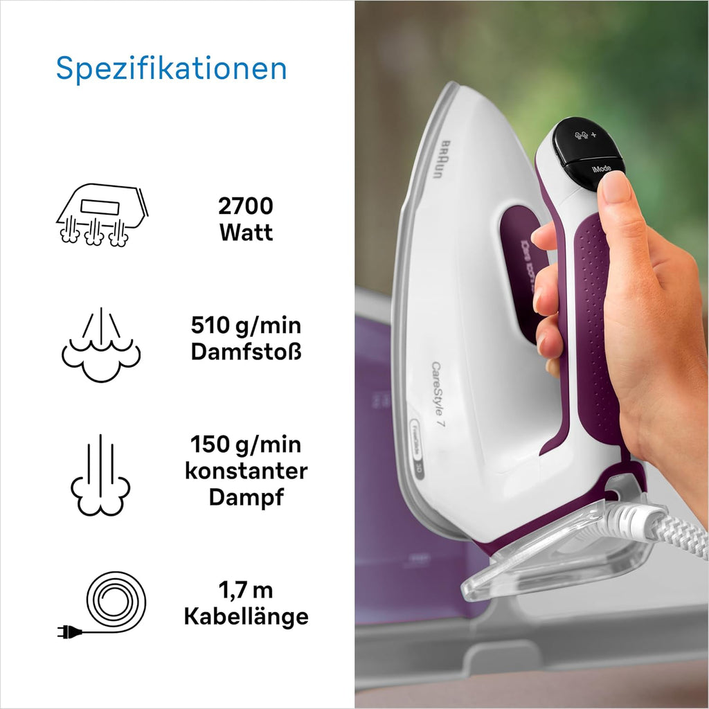 CareStyle 7 IS 7266 VI Dampfbügelstation, FreeGlide 3D Sohle, iCare, iMode, V-Dampf, FastClean, 550g/min Dampfstoß, 2L Tank, 2700W, Weiß-Violett