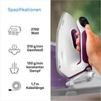 CareStyle 7 IS 7266 VI Dampfbügelstation, FreeGlide 3D Sohle, iCare, iMode, V-Dampf, FastClean, 550g/min Dampfstoß, 2L Tank, 2700W, Weiß-Violett