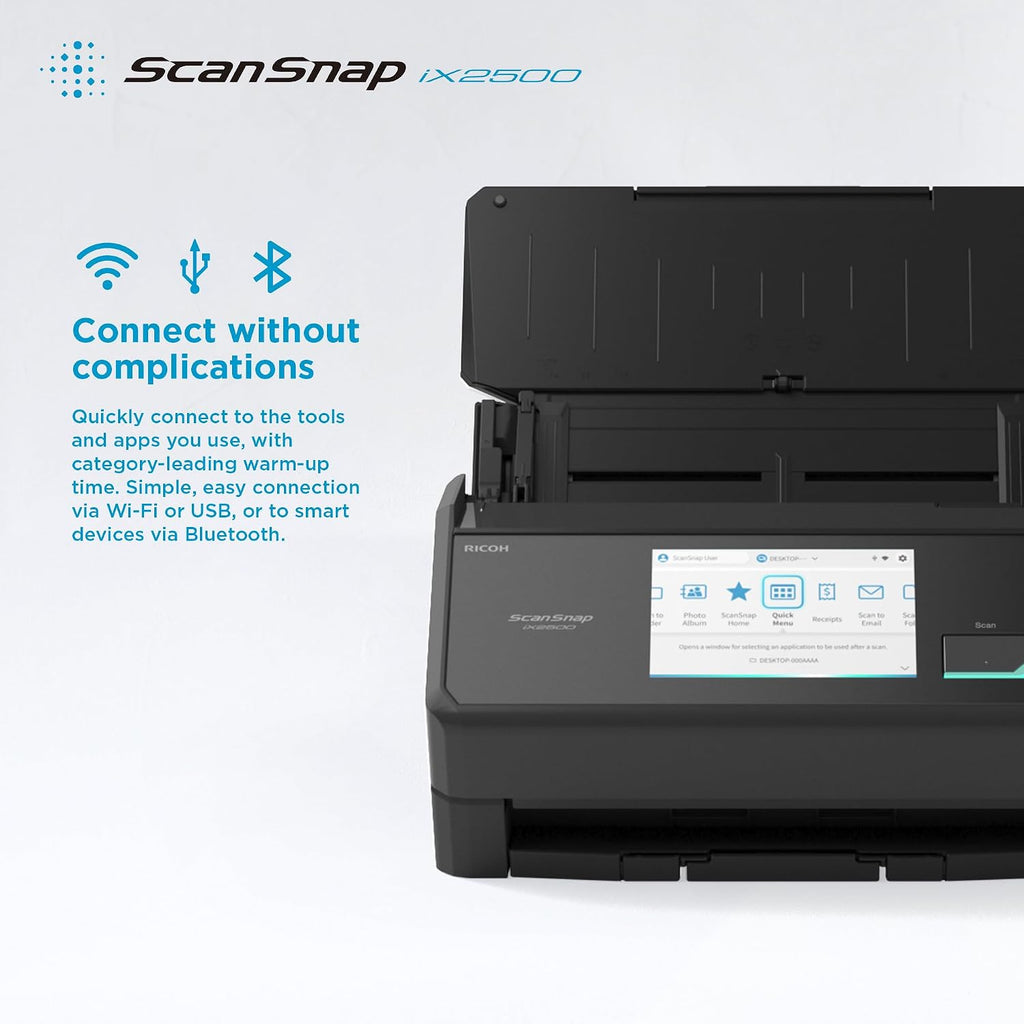 iX2500 Schwarz Dokumentenscanner – Ultraschneller Duplex-Scanner, 45 S./Min., 100-Blatt-ADF, 600 DPI, 5" Touchscreen, WLAN/Bluetooth/USB