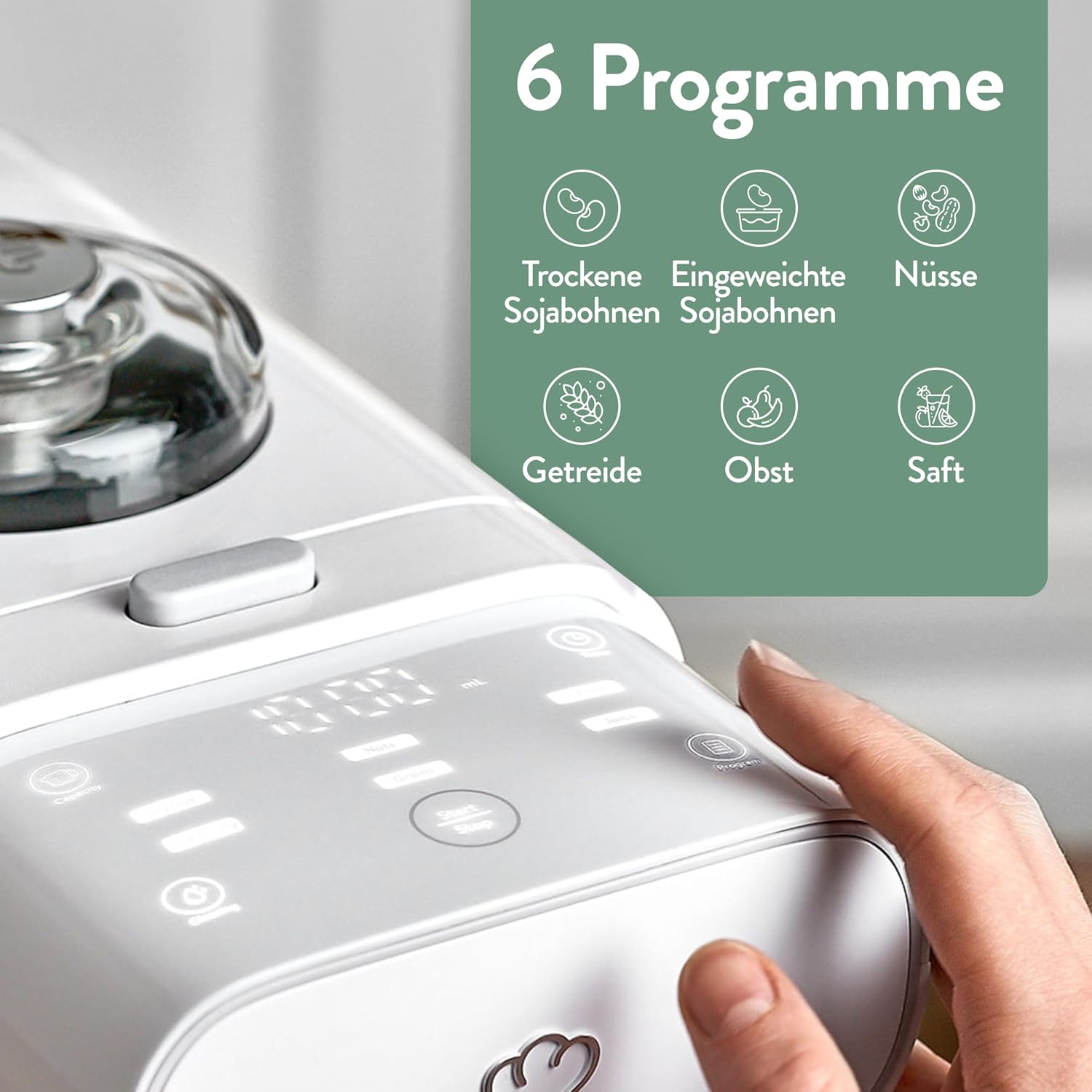 Pflanzenmilchbereiter Mila 1L, 6 Programme, Auto-Reinigung, LED-Touch-Display mit Timer, für Nussmilch/Sojamilch/Haferdrinks, inkl. Sieb & Rezeptbuch
