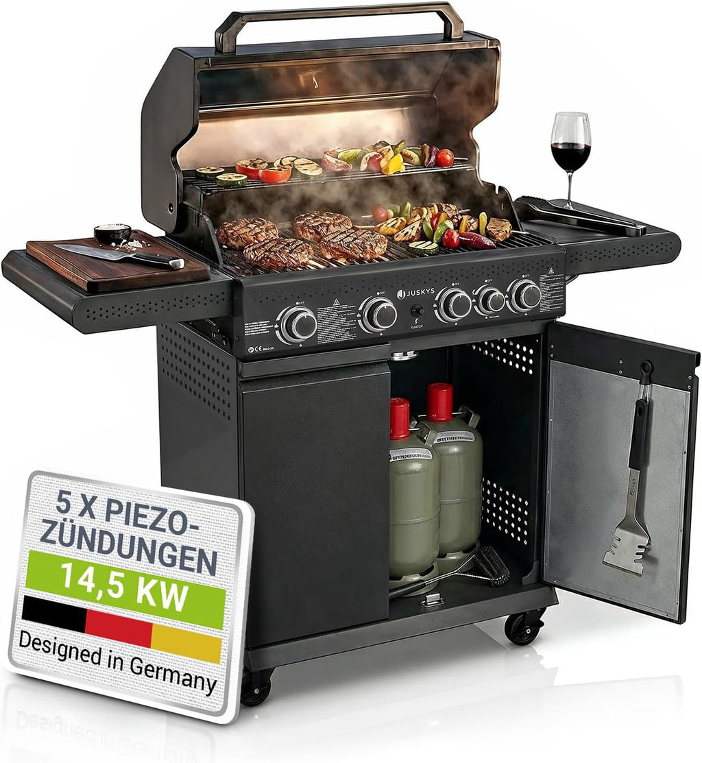 BBQ Gasgrill Savannah - 4 Brenner + 1 Seitenbrenner - XXL Stahl Gas Grill mit Gusseisen Grillrost, Kochfeld, Unterschrank für Gasflasche