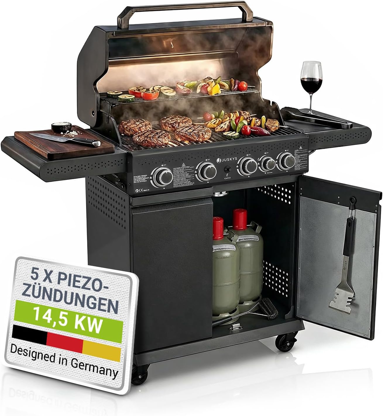 BBQ Gasgrill Savannah - 4 Brenner + 1 Seitenbrenner - XXL Stahl Gas Grill mit Gusseisen Grillrost, Kochfeld, Unterschrank für Gasflasche