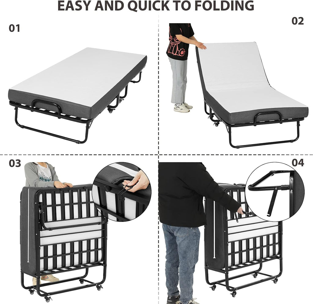 Klappbett 90x200cm für Erwachsene, 13cm Memoryschaum-Matratze, Metallrahmen + Rollen, Reisebett, klappbar, stabil bis 200 kg
