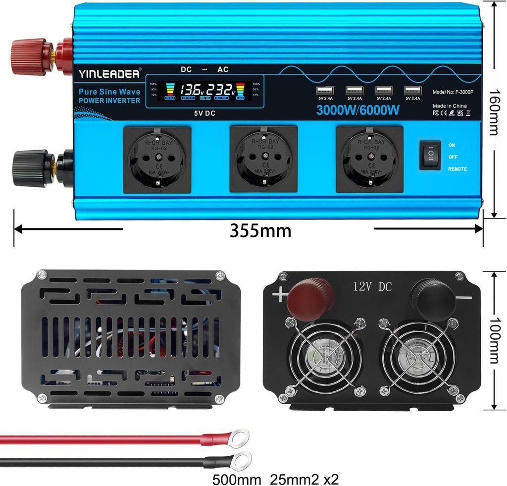3000W/6000W Reiner Sinus Wechselrichter 12V 230V 3x EU-Steckdose 4x USB LCD-Spannungsanzeige