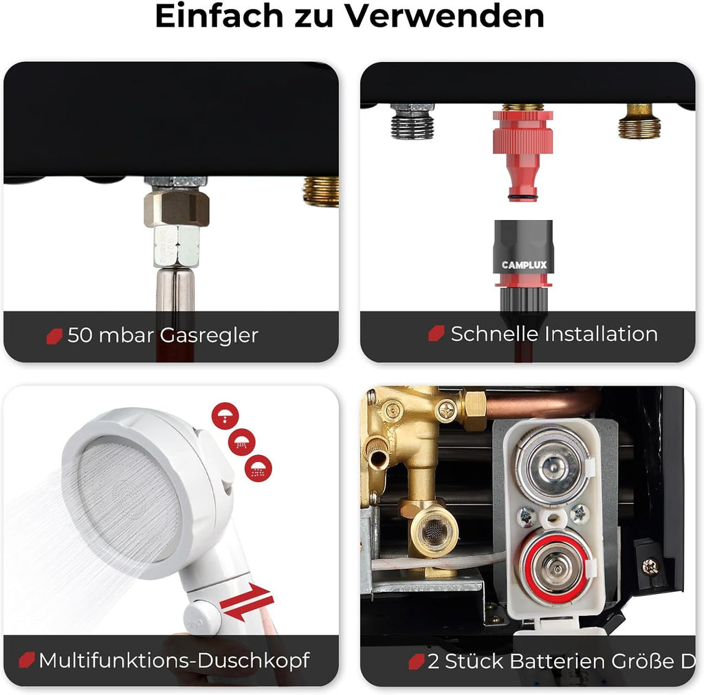 Gasdurchlauferhitzer 10L 50mbar mit Edelstahl Regendeckel Propan/Butan Gas für Campingdusche, Wohnmobilausflug, Waschpferd
