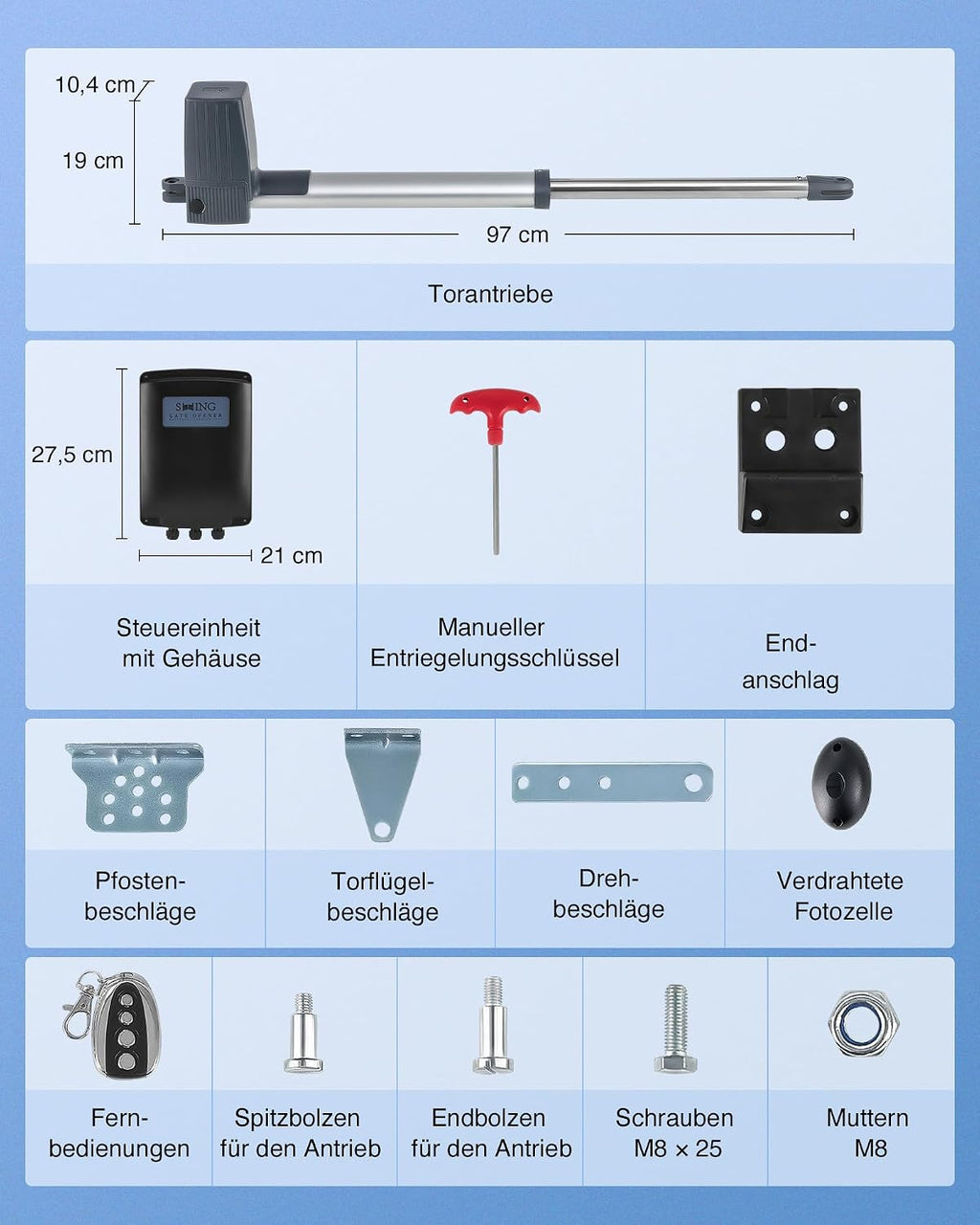Automatischer Flügeltorantrieb-Set für Doppelflügel, max. 2,5m/300kg pro Flügel, mit 2 Fernbedienungen, Arm Swing Gate Opener (80Wx2)