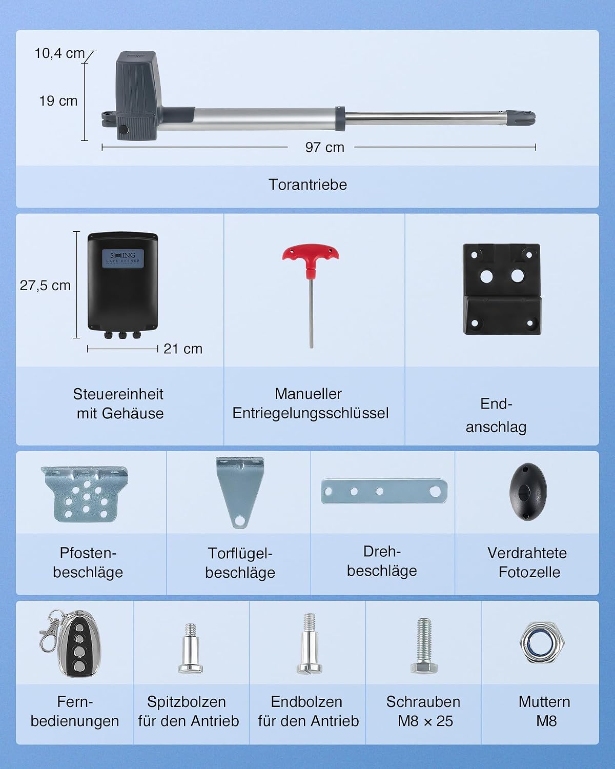 Automatischer Flügeltorantrieb-Set für Doppelflügel, max. 2,5m/300kg pro Flügel, mit 2 Fernbedienungen, Arm Swing Gate Opener (80Wx2)