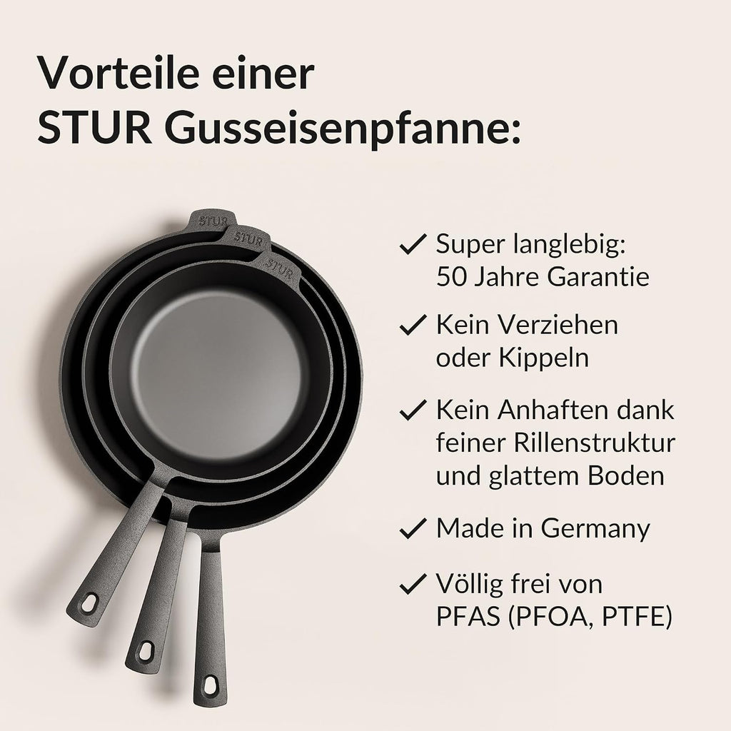 Gusseisenpfanne Induktion 28 cm - für alle Herdarten - fein geschliffen - ohne künstliche Antihaftbeschichtung & kratzfest