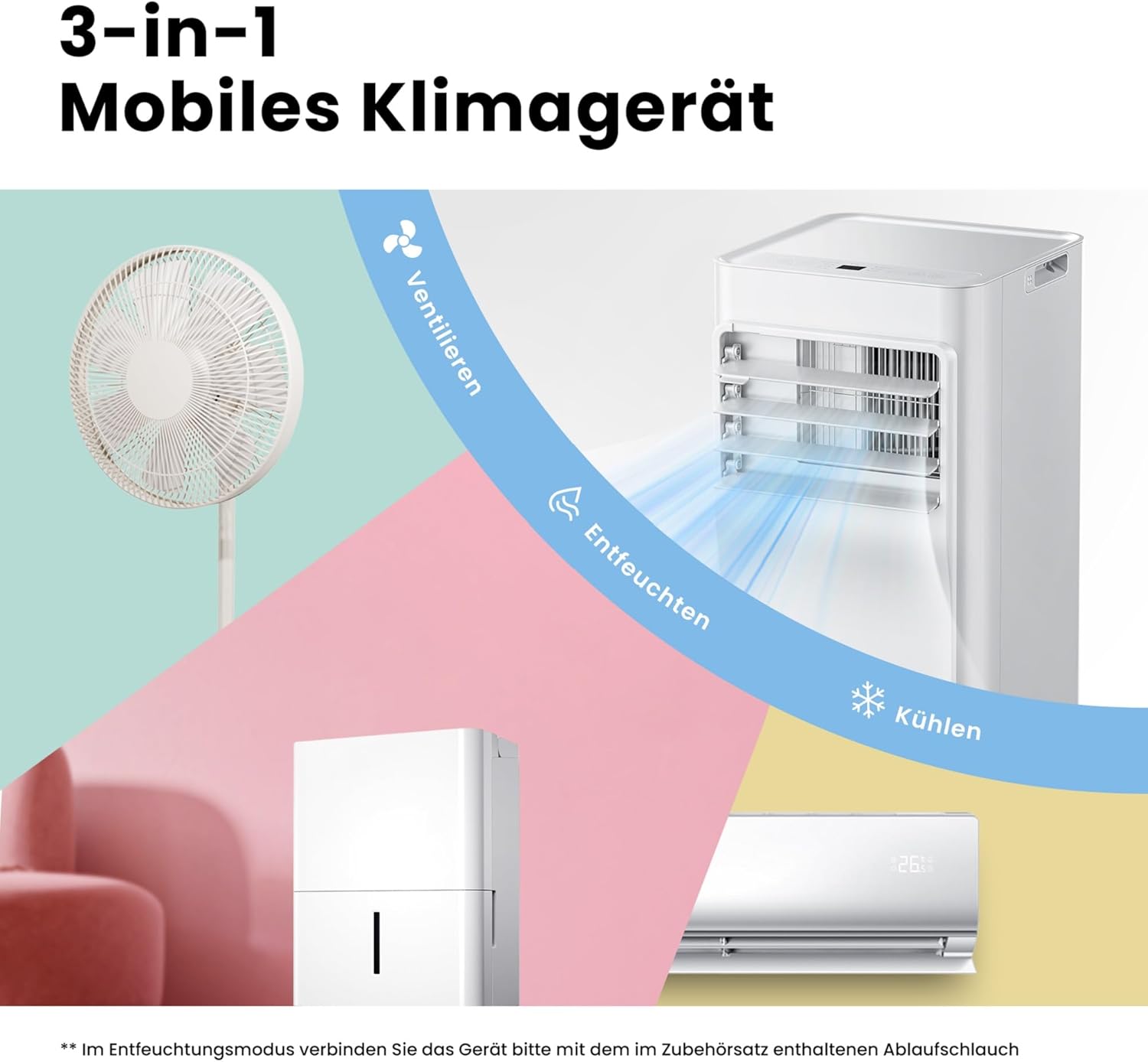 Breezy Cool Pro 2.6 Klimagerät, 9000 BTU, 2,6kW, Kühlen/Ventilieren/Entfeuchten, App, bis 88m³ (33m²), Abluftschlauch, Energie A