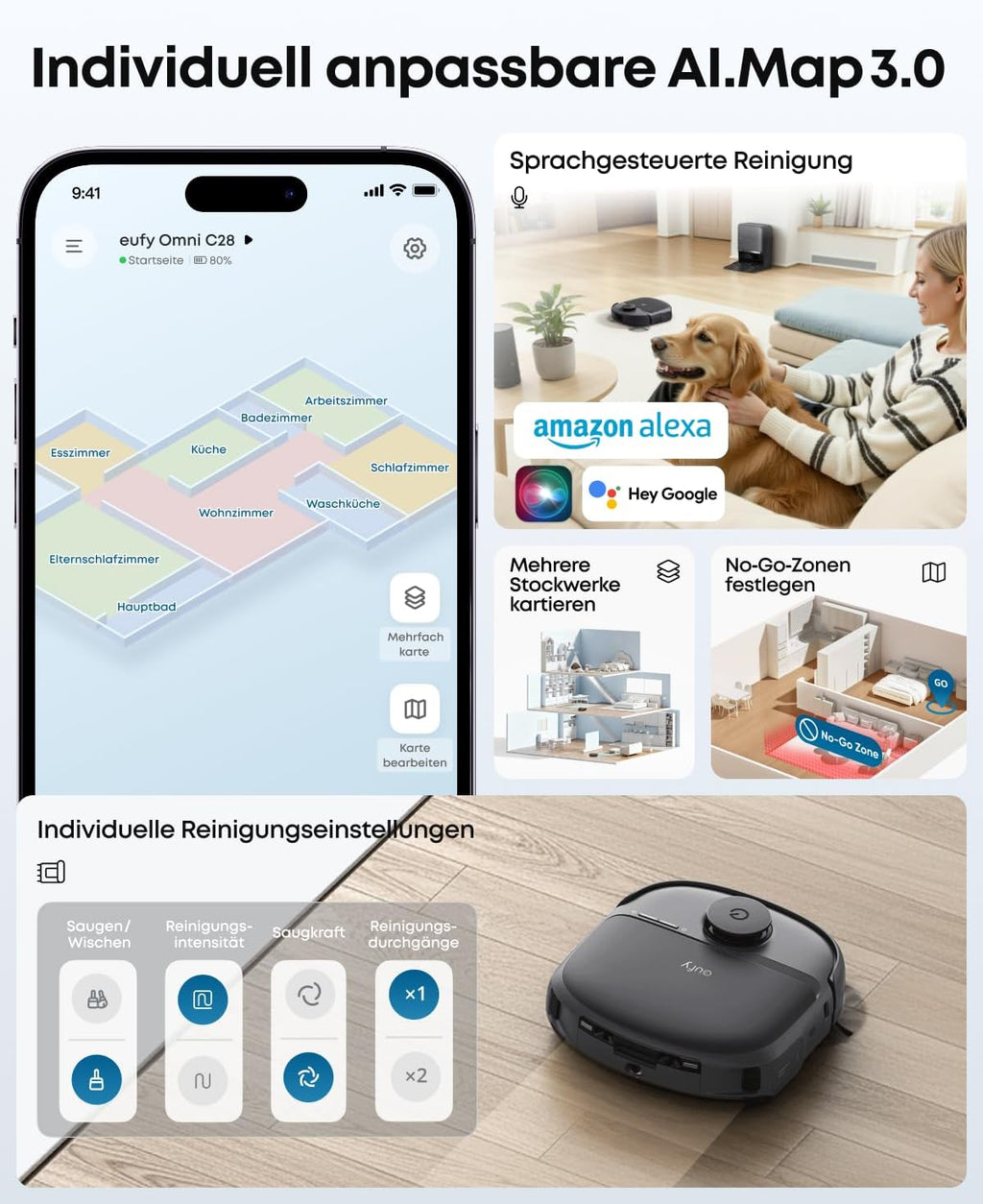 Saug- und Wischroboter C28 5-in-1 mit selbstreinigender HydroJet-Wischrolle, 15.000Pa Turbo-Saugkraft, Anti-Verheddern, KI-Hindernisvermeidung
