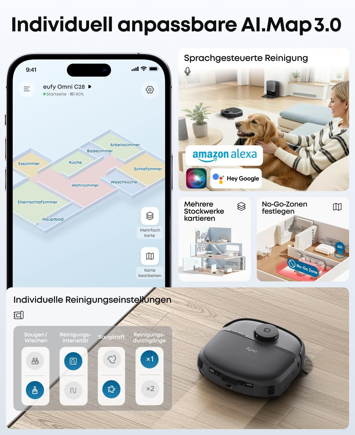 Saug- und Wischroboter C28 5-in-1 mit selbstreinigender HydroJet-Wischrolle, 15.000Pa Turbo-Saugkraft, Anti-Verheddern, KI-Hindernisvermeidung