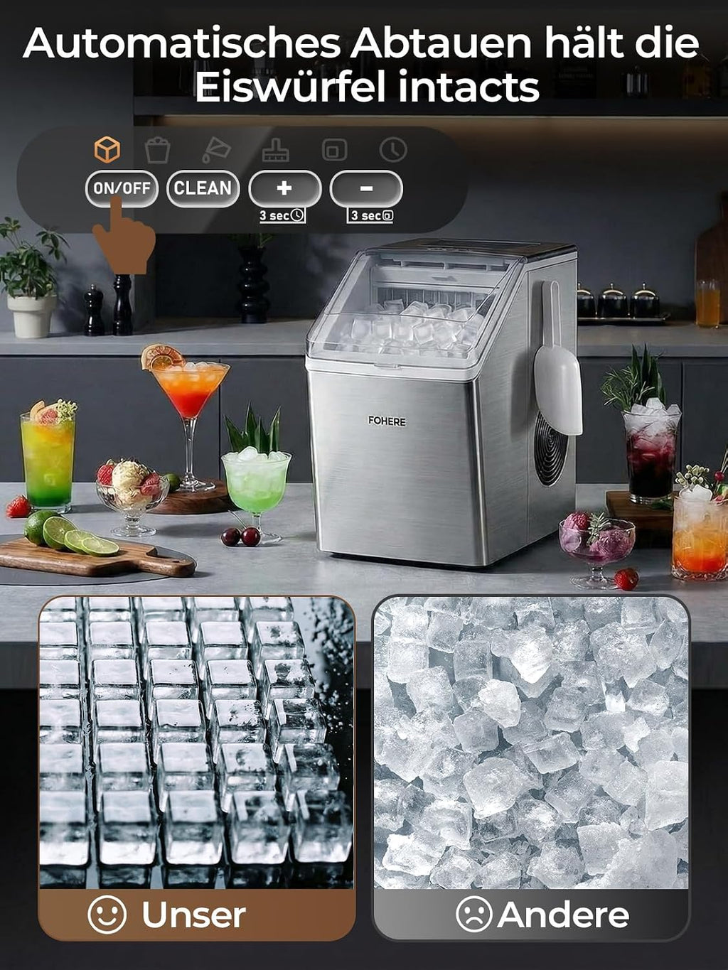 Eiswürfelmaschine Edelstahl, 24kg/24h, 24 Würfel in 10 Min., 3.2L Dual-Wasser, 40 dB leise, Timer + Selbstreinigung + Abtauen, für Hausbar/Partys
