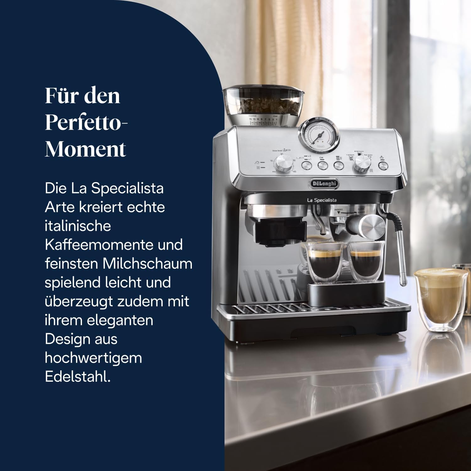 La Specialista Arte EC9155.MB, Mahlwerk, 8 Stufen, 15 Bar, 3 Temp., Milchschaumdüse, 1550W, 1,7L, Edelstahl/schwarz, inkl. Kit