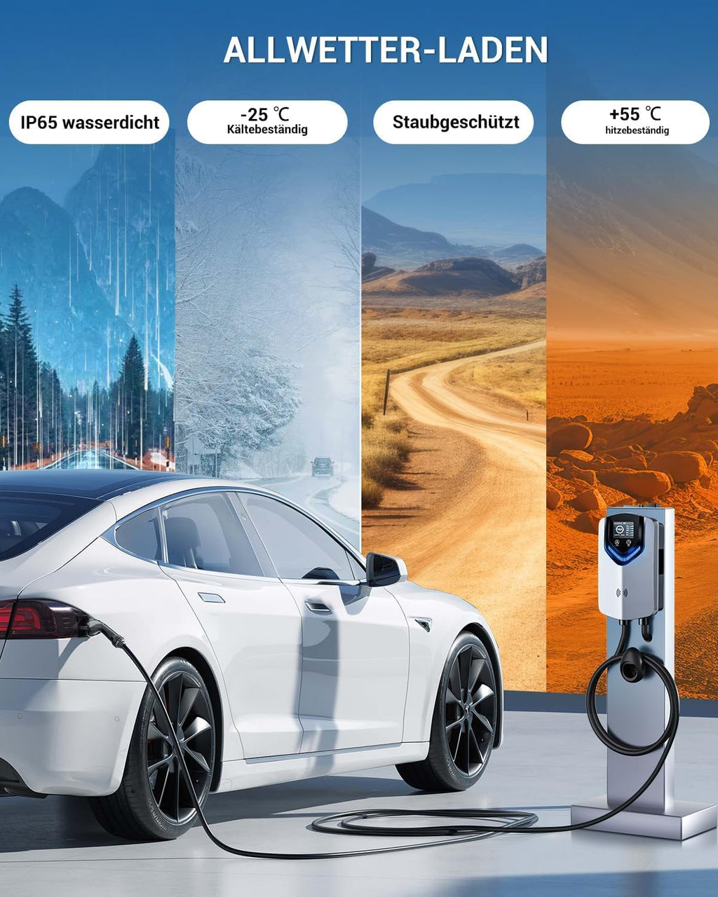 11kW Wallbox mit App + RFID, 3-Phasen Typ 2, 400V/6-16A, 8m Kabel + Halter, RCD Typ B, IP54, Startzeit-Einstellung, für BEV/PHEV