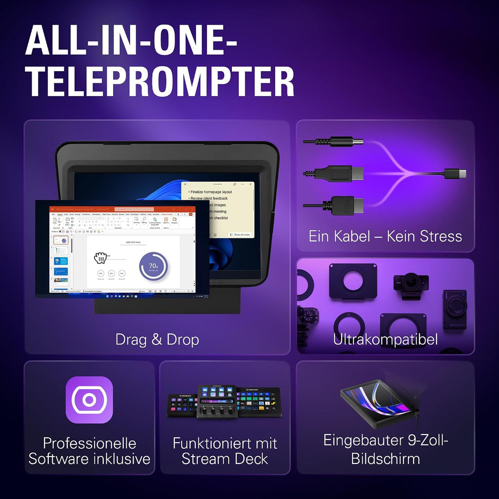 Prompter – Teleprompter mit integriertem Bildschirm, Drag&Drop-Monitoranzeige