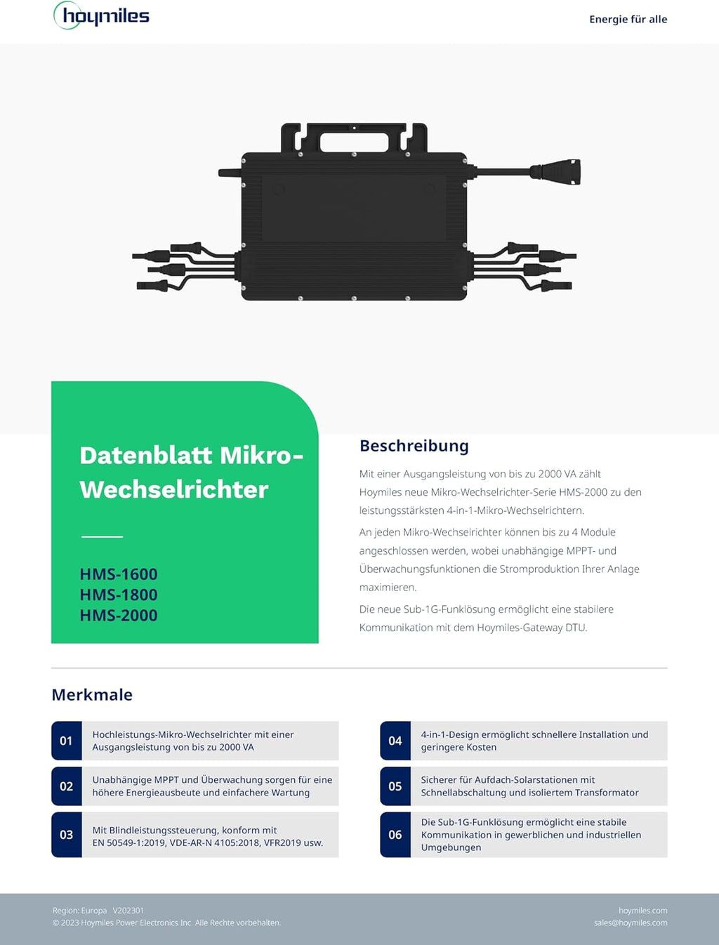 HMS-2000-4T Mikrowechselrichter für Vier Solar Module 2000 Watt mit optionalem WiFi für Balkonkraftwerk