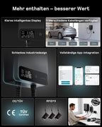 11kW Wallbox mit App, 7,5m Typ 2 Kabel + Halter, 3-Phasen (6-16A, 400V), RCD Typ A 30mA+6mA DC, IP54, für BEV/PHEV, schwarz