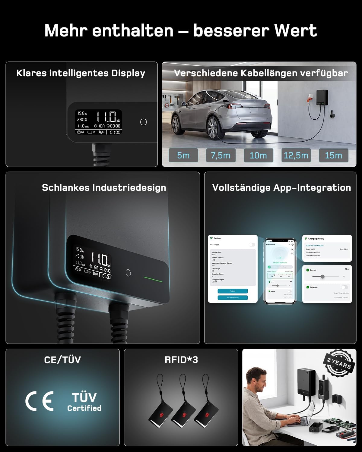 11kW Wallbox mit App, 7,5m Typ 2 Kabel + Halter, 3-Phasen (6-16A, 400V), RCD Typ A 30mA+6mA DC, IP54, für BEV/PHEV, schwarz