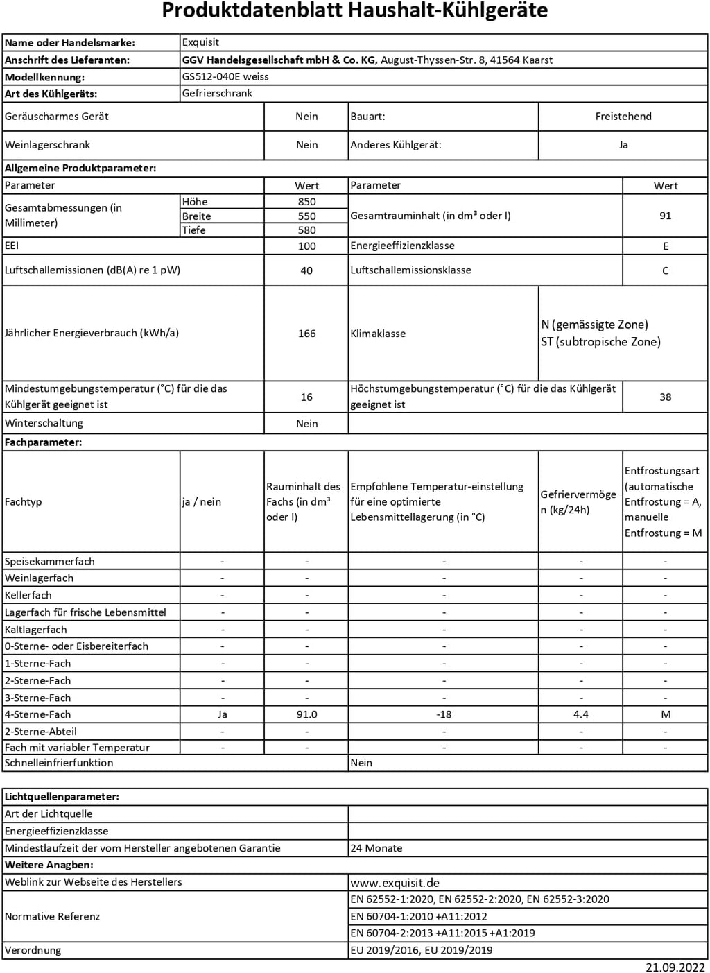 Gefrierschrank 91L Energieeffizienzklasse E 40 dB(A) kompakt 4-Sterne-Gefrieren manuelle Temperaturregelung wechselbarer Türanschlag GS512-040E weiss
