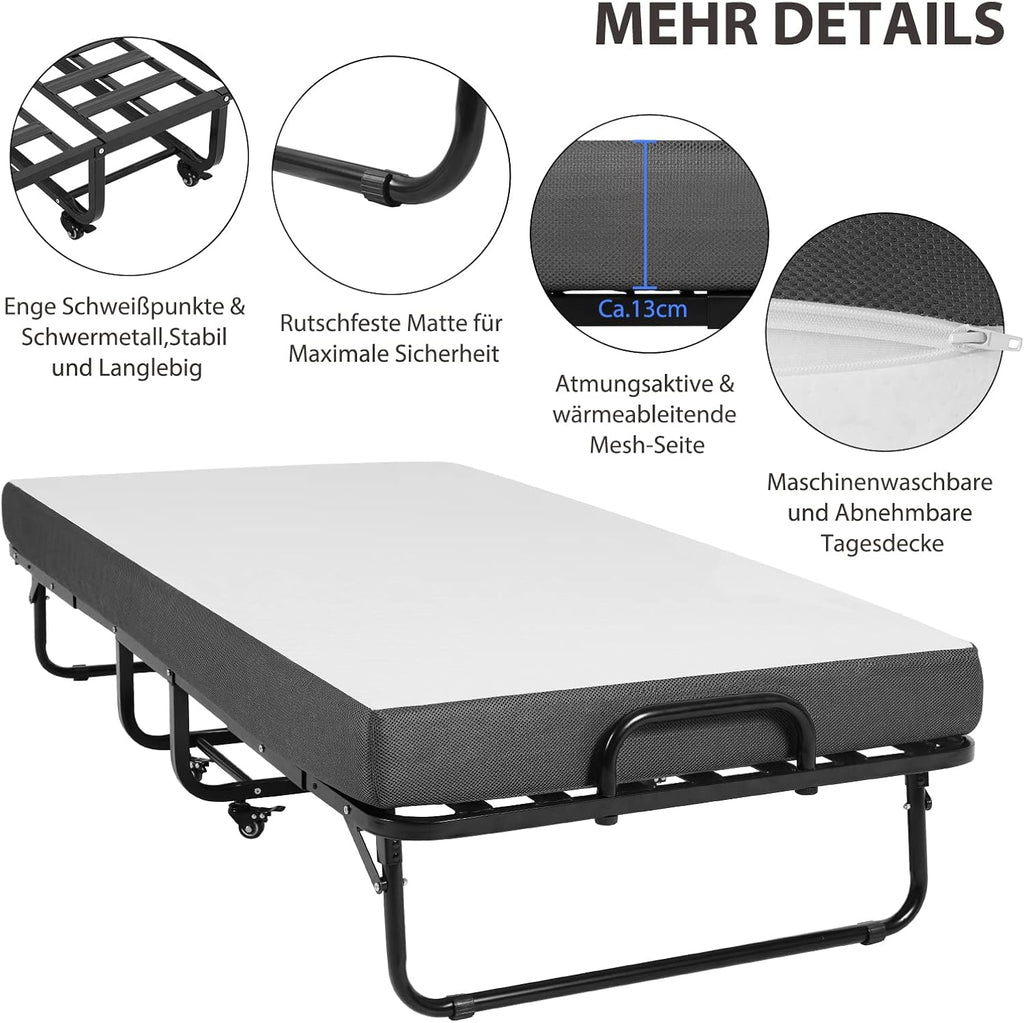 Klappbett 90x200cm für Erwachsene, 13cm Memoryschaum-Matratze, Metallrahmen + Rollen, Reisebett, klappbar, stabil bis 200 kg
