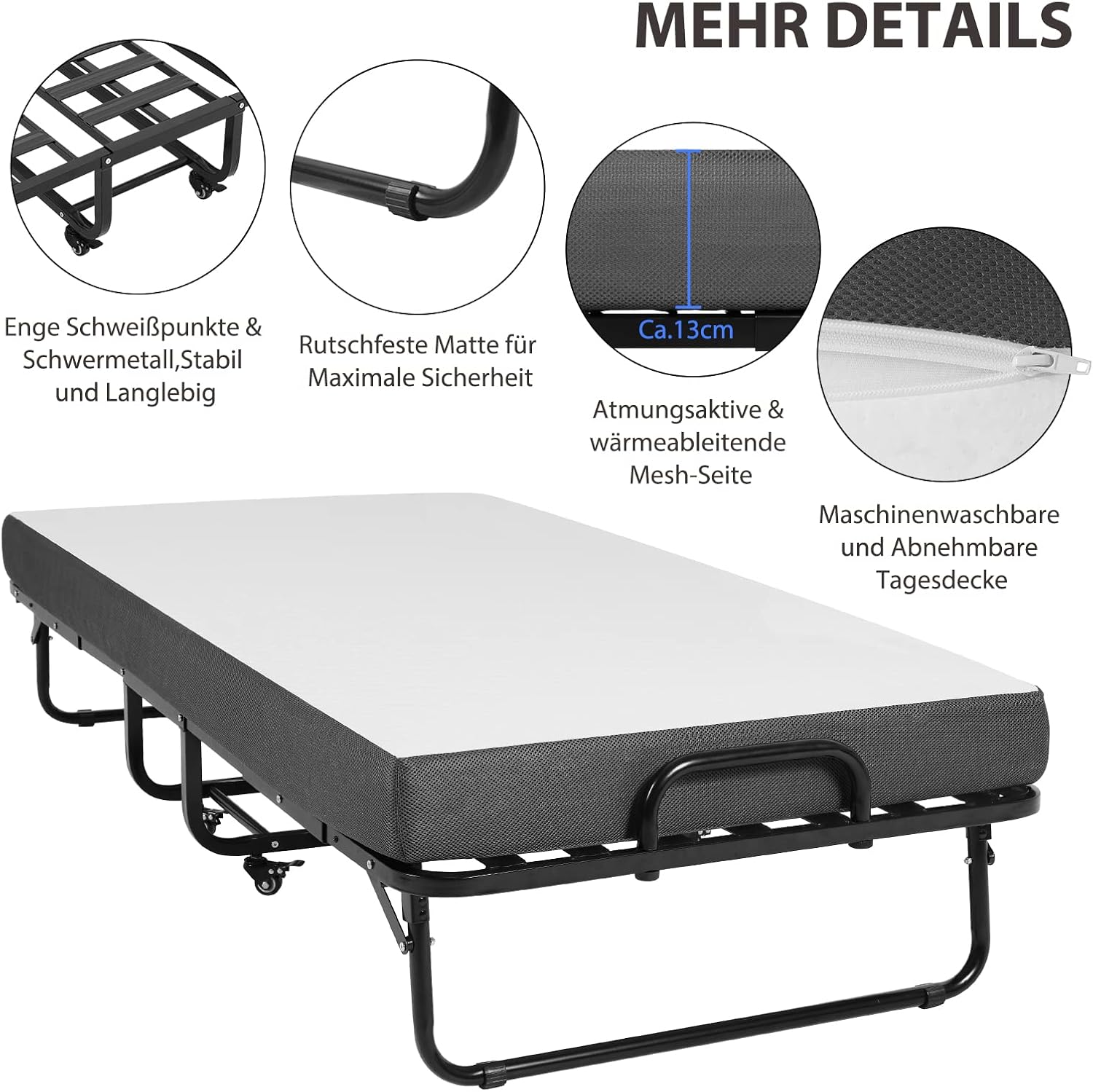 Klappbett 90x200cm für Erwachsene, 13cm Memoryschaum-Matratze, Metallrahmen + Rollen, Reisebett, klappbar, stabil bis 200 kg